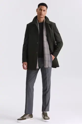 Khaki Classic Fit Band Collar Wool Cashmere Coat - JAKAMEN (1)