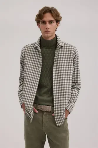 Khaki Classic Fit Plaid 100% Cotton Shirt - 1