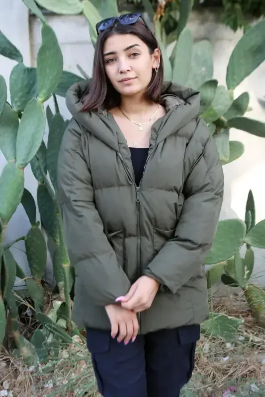 Khaki Color Hooded Front Pocket Oversize Women's Padded Jacket-Khaki - 1
