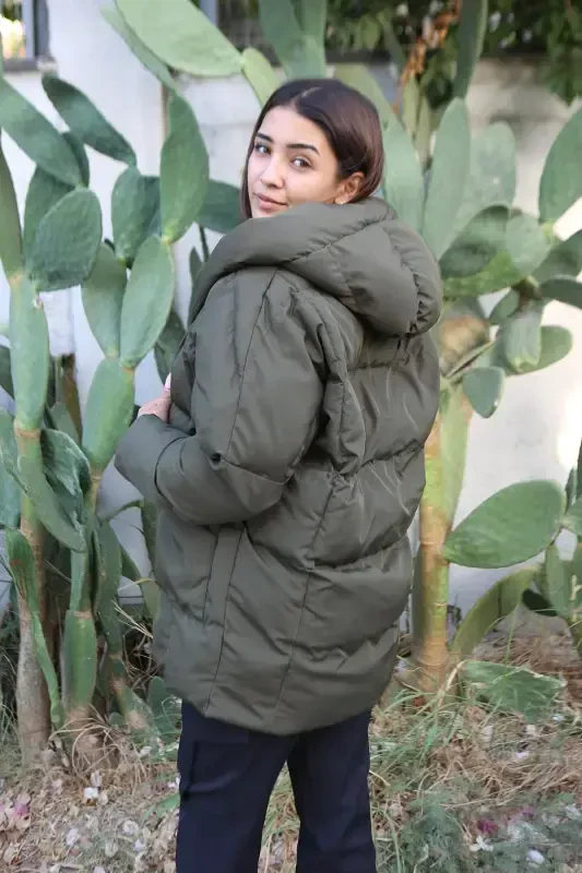 Khaki Color Hooded Front Pocket Oversize Women's Padded Jacket-Khaki - 2