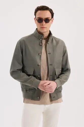 Khaki Comfort Fit 100% Linen Seasonal Mandarin Collar Coat - 1