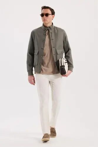 Khaki Comfort Fit 100% Linen Seasonal Mandarin Collar Jacket - 2