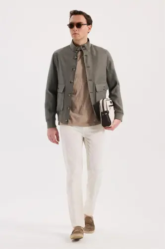 Khaki Comfort Fit 100% Linen Seasonal Stand-Up Collar Jacket - JAKAMEN (1)