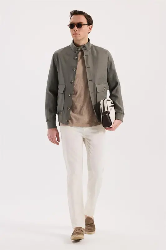 Khaki Comfort Fit 100% Linen Seasonal Stand-Up Collar Jacket - 2