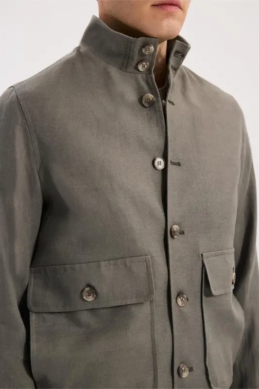Khaki Comfort Fit 100% Linen Seasonal Stand-Up Collar Jacket - 3
