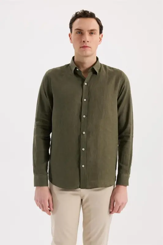Khaki Comfort Fit 100% Linen Shirt - 1