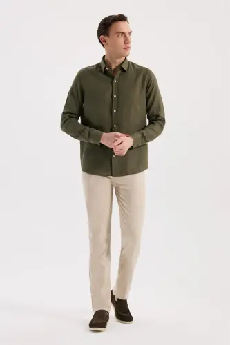 Khaki Comfort Fit 100% Linen Shirt - 2