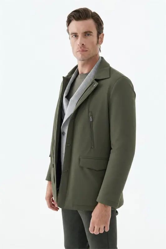 Khaki Comfort Fit Baby Collar Zippered Jacket - 5