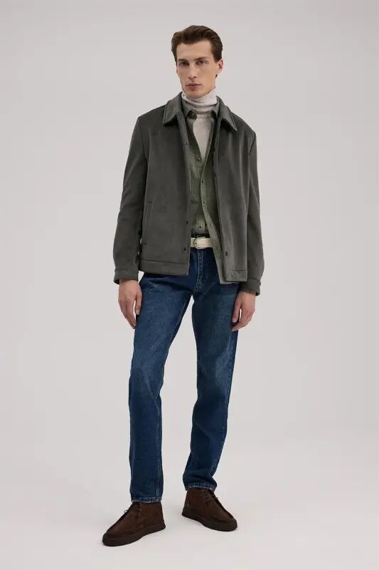 Khaki Comfort Fit Classic Collar Velvet Jacket - Jakamen