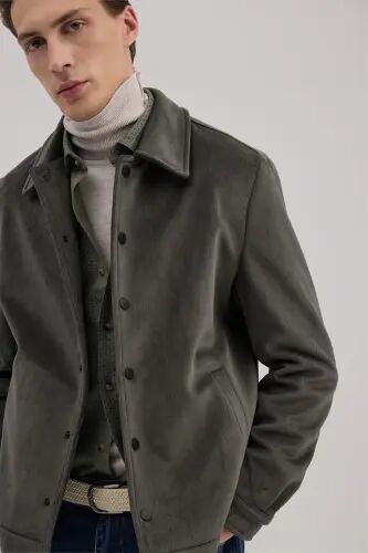 Khaki Comfort Fit Classic Collar Velvet Jacket - 3