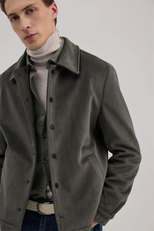Khaki Comfort Fit Classic Collar Velvet Jacket - 3