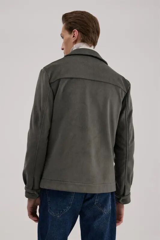 Khaki Comfort Fit Classic Collar Velvet Jacket - 4