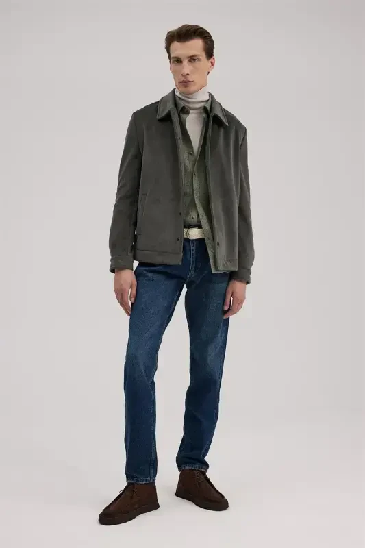 Khaki Comfort Fit Classic Collar Velvet Jacket - JAKAMEN