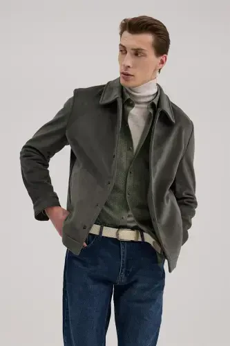 Khaki Comfort Fit Classic Collar Velvet Jacket - JAKAMEN (1)