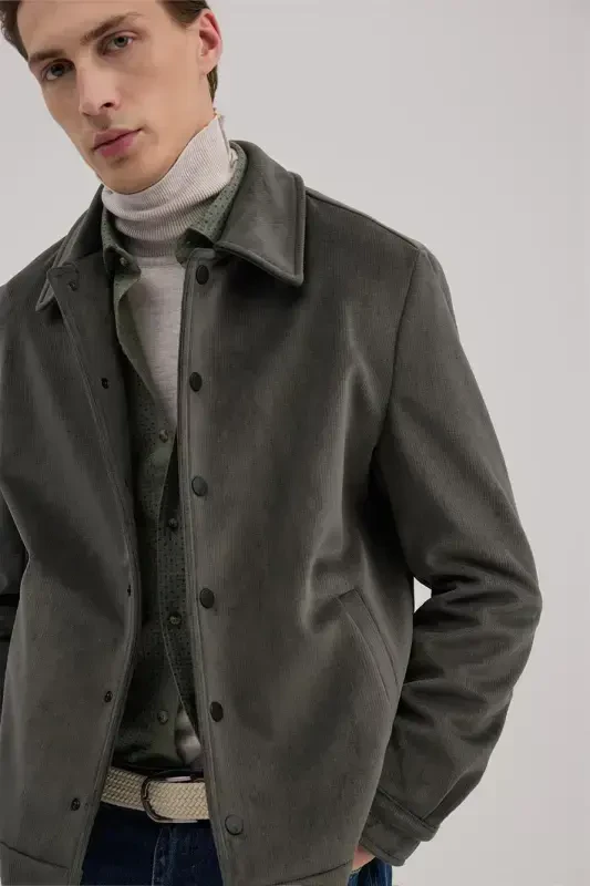 Khaki Comfort Fit Classic Collar Velvet Jacket - 3