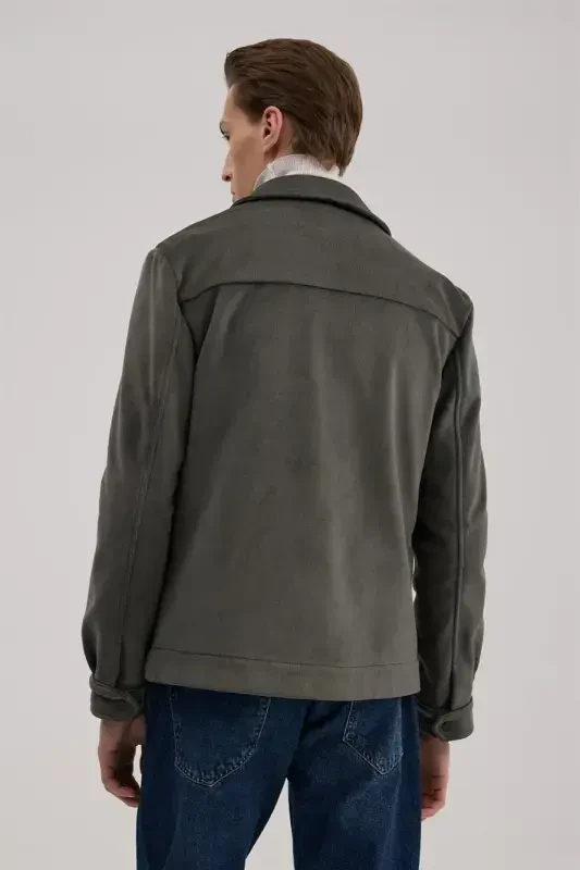 Khaki Comfort Fit Classic Collar Velvet Jacket - 4