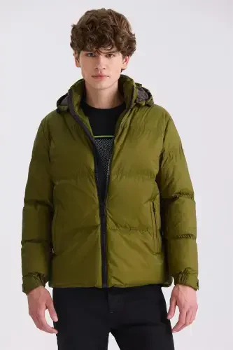 Khaki Comfort Fit Hoodie Winter Coat - 1