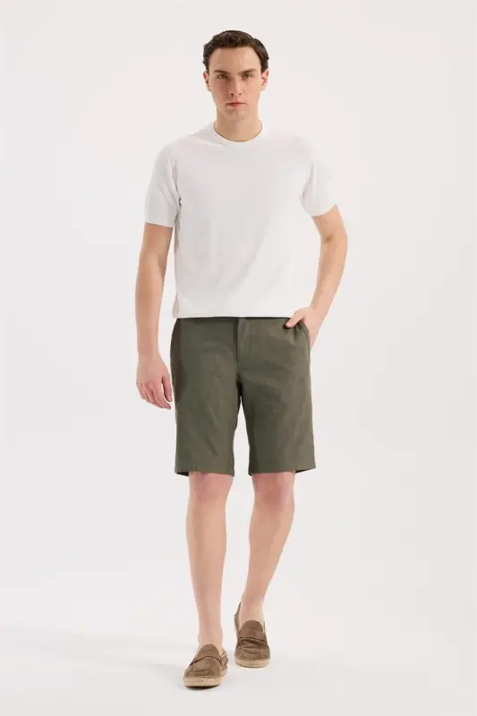 Khaki Comfort Fit Linen Textured Relaxed Cut Cotton Shorts - 2