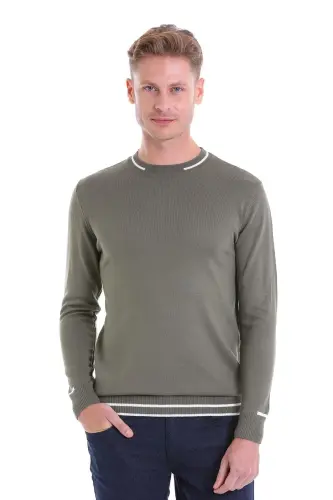 Khaki Comfort Fit Patterned Crew Neck Wool Wool Sweater - Khaki - 3