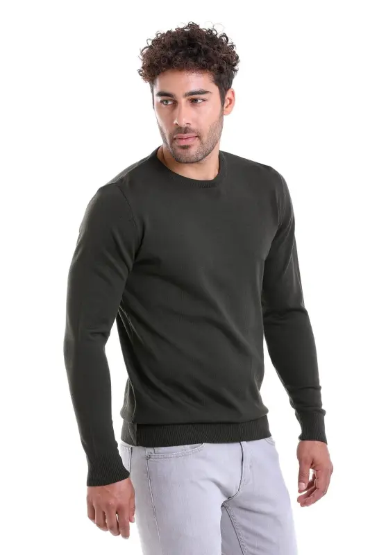 Khaki Comfort Fit Plain Crew Neck Woolen Wool Sweater - 2