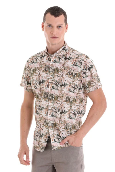 Khaki Comfort Fit Printed Button-Down Collar 100% Cotton - 3