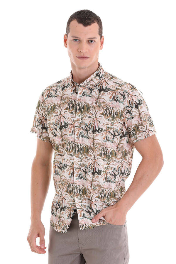 Khaki Comfort Fit Printed Button-Down Collar 100% Cotton - 3