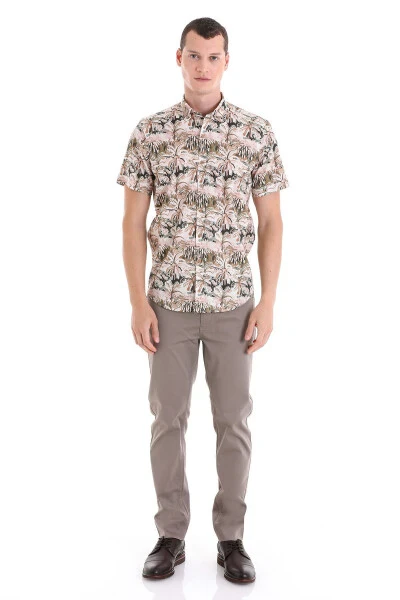 Khaki Comfort Fit Printed Button-Down Collar 100% Cotton - 4