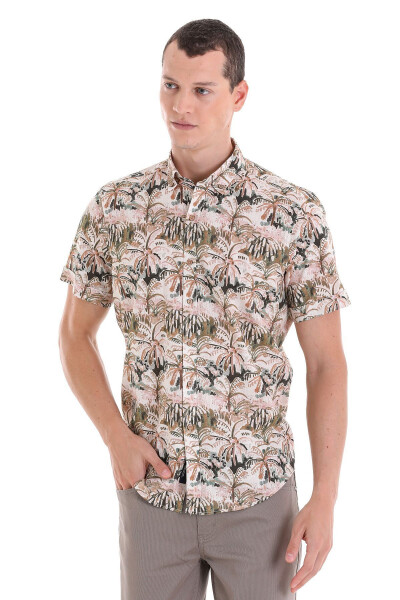 Khaki Comfort Fit Printed Button-Down Collar 100% Cotton 