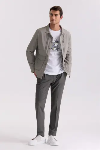 Khaki Comfort Fit Shirt Collar All-Season Jacket - 2