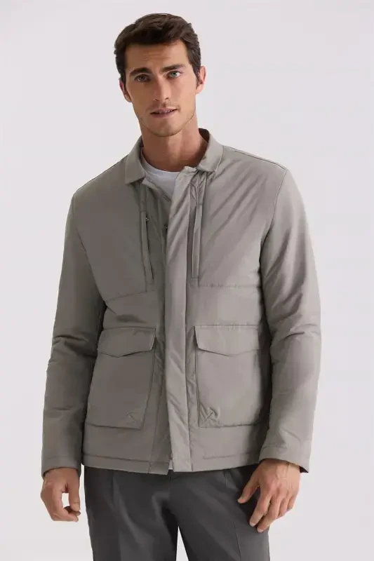 Khaki Comfort Fit Shirt Collar All-Season Jacket - JAKAMEN
