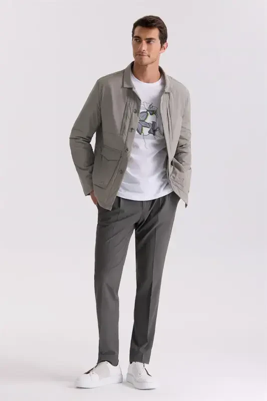 Khaki Comfort Fit Shirt Collar All-Season Jacket - 2