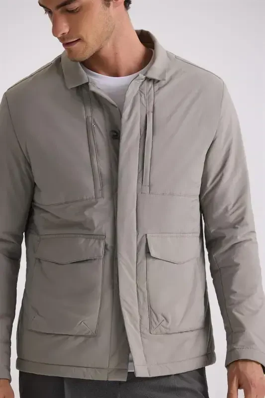Khaki Comfort Fit Shirt Collar All-Season Jacket - 3