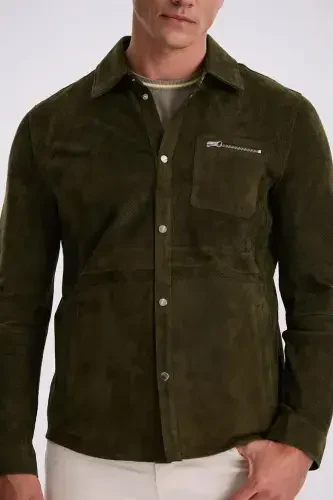 Khaki Comfort Fit Stand Collar 100% Leather Jacket - 3