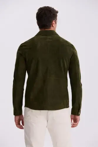 Khaki Comfort Fit Stand Collar 100% Leather Jacket - 4