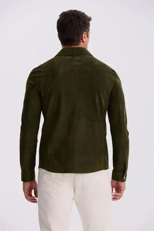 Khaki Comfort Fit Stand Collar 100% Leather Jacket - 4