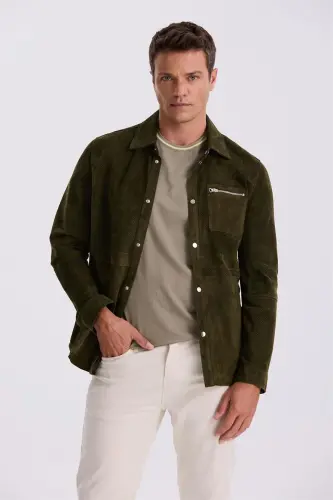 Khaki Comfort Fit Stand Collar 100% Leather Jacket - 2