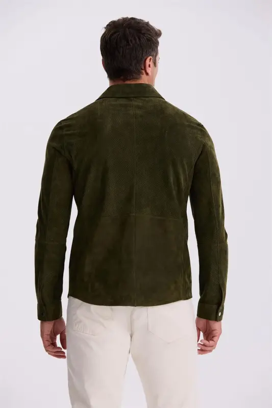 Khaki Comfort Fit Stand Collar 100% Leather Jacket - 4