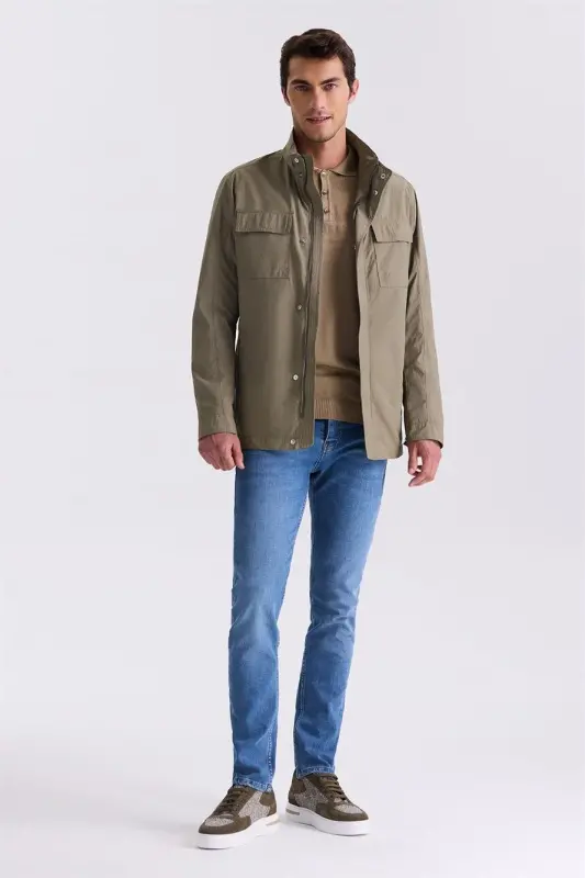 Khaki Comfort Fit Stand Collar Seasonal Sports Jacket - 2