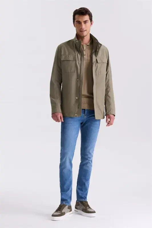 Khaki Comfort Fit Stand Collar Seasonal Sports Jacket - 2