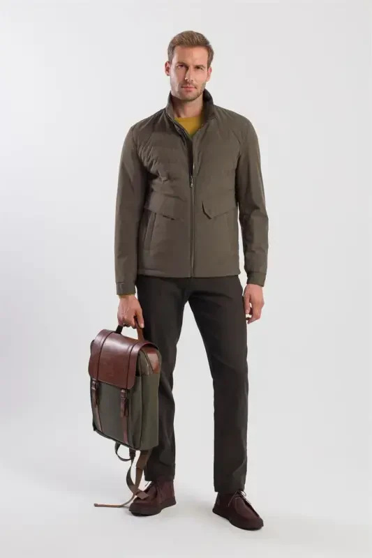 Khaki Comfort Fit Stand Collar Sport Jacket - 2