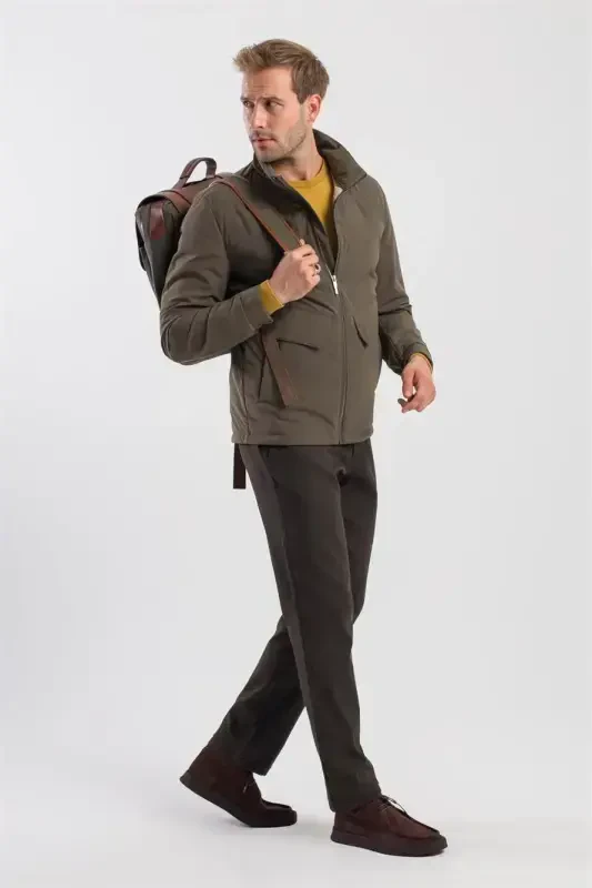Khaki Comfort Fit Stand Collar Sport Jacket - 3