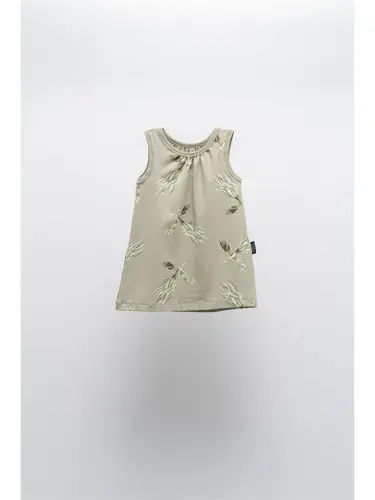 Khaki Crew Neck Patterned Girls' Dress-Khaki 