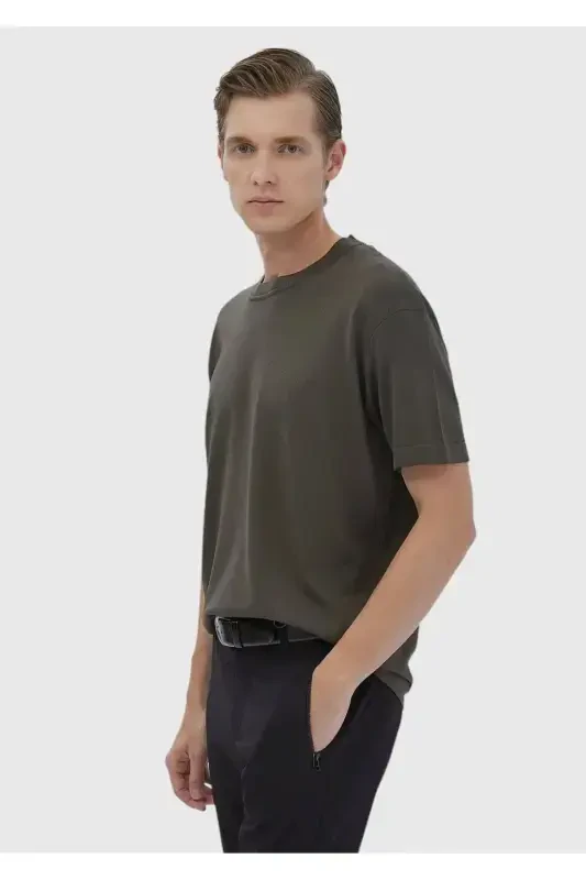 Khaki Crew Neck Plain Knitwear Sweater-Khaki - 3