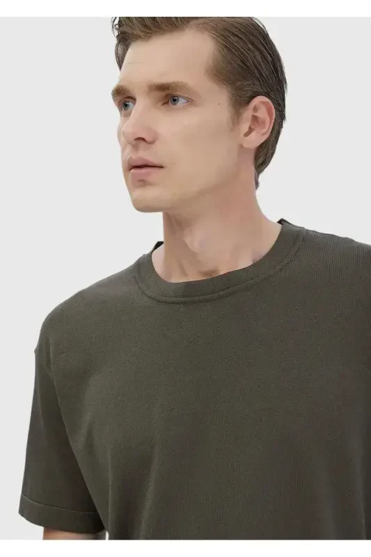 Khaki Crew Neck Plain Knitwear Sweater-Khaki - 4