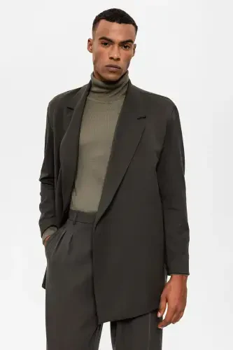 Khaki Double-Breasted Hidden Pocket Men's Blazer Jacket-Khaki - 3