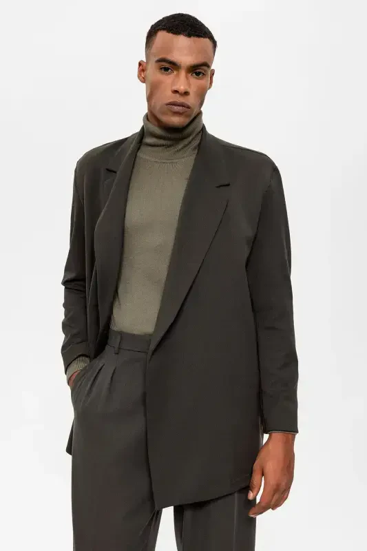 Khaki Double-Breasted Hidden Pocket Men's Blazer Jacket-Khaki - 3