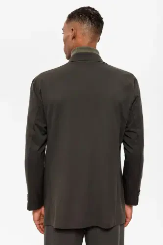 Khaki Double-Breasted Hidden Pocket Men's Blazer Jacket-Khaki - 6