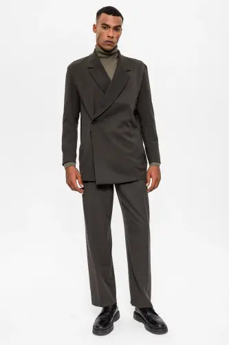 Khaki Double-Breasted Hidden Pocket Men's Blazer Jacket-Khaki 