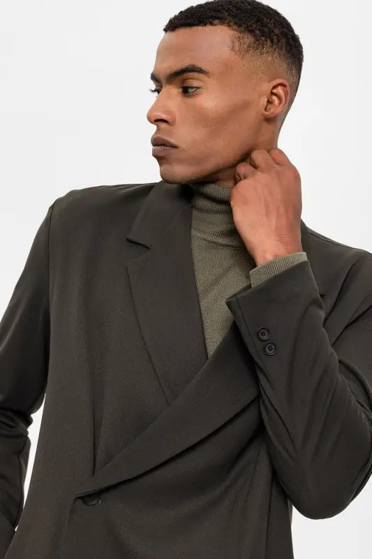 Khaki Double-Breasted Hidden Pocket Men's Blazer Jacket-Khaki - 4
