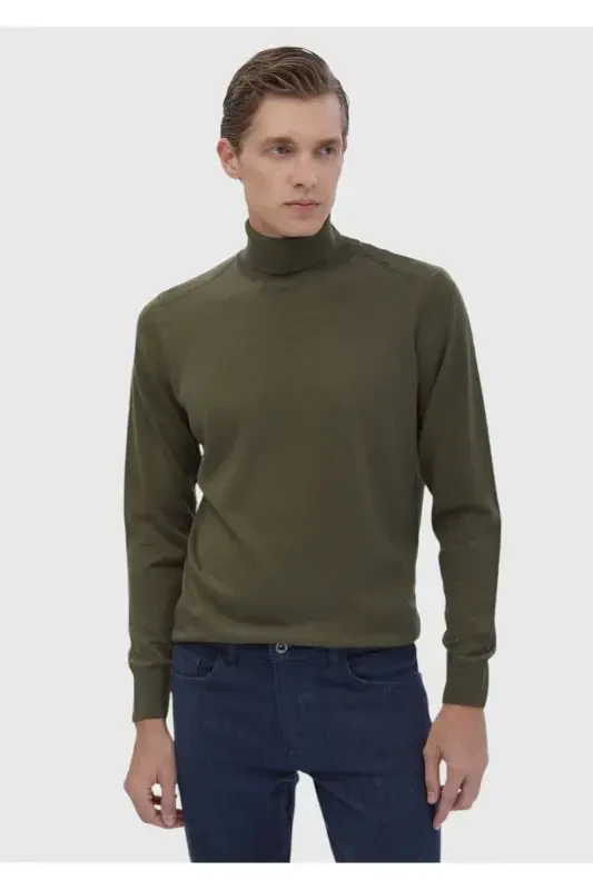 Khaki Full Fisherman Ribbed Knitted Wool Blend Sweater - RAMSEY